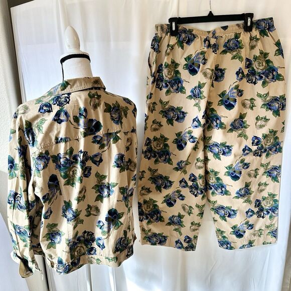 Sag Harbor Sport Women Jacket & Pants Outfit Set Tan Blue Roses Floral Sz Large - Picture 2 of 7